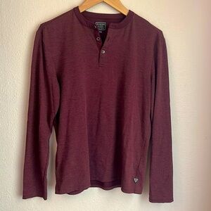 GUESS Men's Long Sleeve Textured Henley Shirt Burgundy Maroon